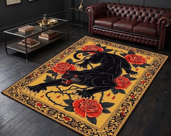 Black Panther Rug with Red Roses and Gothic Border, Bold Tattoo Style Carpet for Alternative Home Decor, Living Room or Art Space Accent
