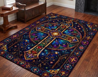 Stained Glass Cross Prayer Rug, Gothic Cathedral Art, Sacred Christian Decor (40x60cm)