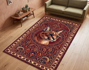 Wildcat Bohemian Rug: Red Anatolian Floral Carpet, Wild Animal Portrait, Bold Botanical Folk Decor
