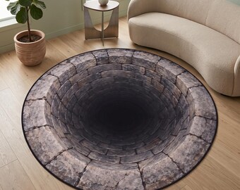 3D Stone Well Illusion Rug | Bottomless Brick Pit Floor Mat | Optical Hole Round Carpet
