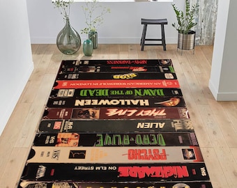 Nostalgic Retro Style Vhs Case Themed Horror Movie Room Rug, Classic Horror Movies Decor, Home Theater TV Room Carpet, Nostalgic Decor