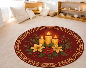 Tapis rond de Noël à motif poinsettia, fleurs aux chandelles, antidérapant