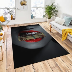 Woman Dollar Pattern Rug, Money Art Rug, Style Rug, Woman Lips Art Rug, Cash Area Rug, Living Room Rug, Custom Rug, Dollar Rug