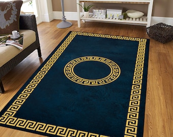 Blue and Gold Ancient Greek Wave Rug, Machine Washable Area Rug