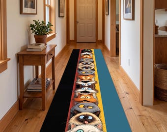Funny Cat Runner Rug: Six Stacked Faces Carpet, Non-Slip Machine-Washable