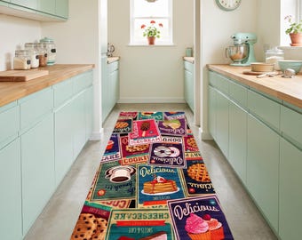 Retro Dessert Kitchen Runner Rug: Vintage Bakery Hallway Carpet, Non-Slip Machine-Washable