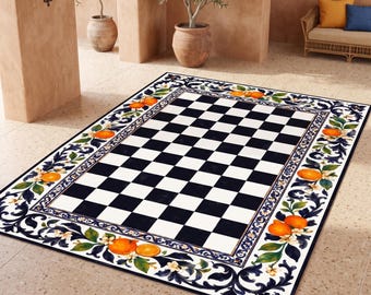 Checkerboard Orange Floral Rug Mediterranean Area Carpet