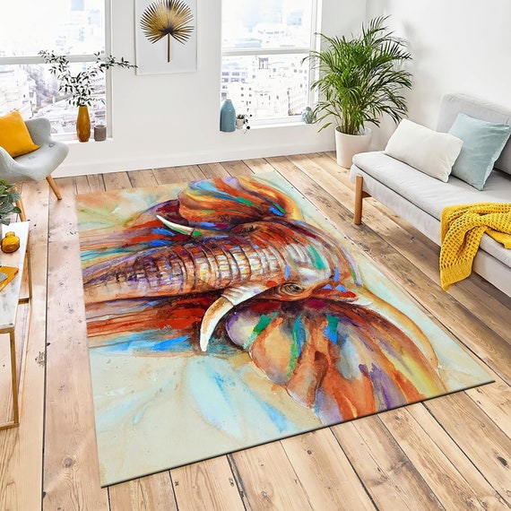 Watercolor Elephant Rug, Colorful Animal Area Rug, Modern Art
