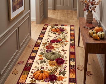 Autumn Runner Rug, Halloween Runner , Pumpkin Floral Rug, Fall Harvest Rug, Patchwork Look Kitchen Rug, Spooky Hallway Decor, Non Slip Rug