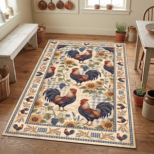 May include: A rectangular area rug featuring a repeating pattern of roosters, sunflowers, and grape clusters set against a light cream background with a blue and white checkered grid. The border displays a decorative motif of small roosters.