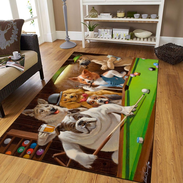 Dogs Playing Pool Rug, Bar Decor, Billiard Rug, Funny Animals Rug, Retro Billiard Playing Dogs, Funny Gifts Pool Table Dogs Rug