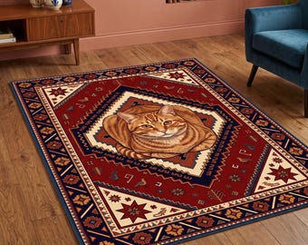 Tabby Cat Rug, Vintage Oriental Carpet Design, Cat Lover Hallway Rug, Boho Anatolian Kilim Decor