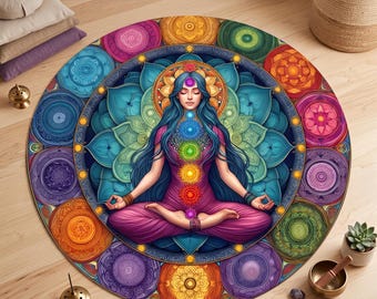 Colorful Yoga Round Mat For Meditation Corner, For Yoga Lovers Round Rug, Meditation Rug,Yoga Room Area Rug , Housewarming Gift