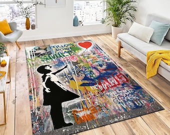 Banksy Graffiti Rug, Love Is All We Need, Non-Slip Cotton Blend