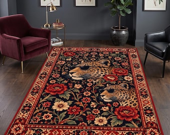 Leopard Wildlife Rug: Black Red Floral Carpet, Spotted Animal Portrait, Bold Botanical Folk Decor