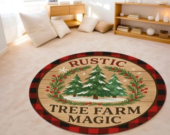 Tapis rond de Noël magique rustique Tree Farm, décoration des fêtes, tapis de Noël antidérapant lavable