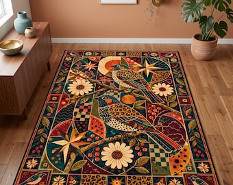 Songbird Area Rug, Mosaic Bird Carpet, Geometric Botanical Rug, Folk Art Decor, Colorful Statement Rug