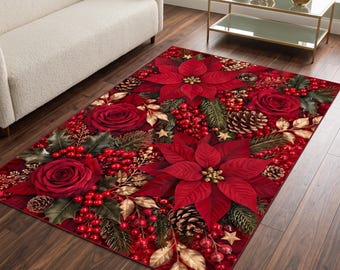 Christmas Floral Rug, Red Poinsettia Rose, Holiday Botanical Decor