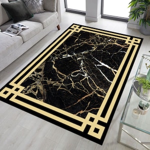 Black and Gold Marble Area Rug, For Living Room, Medusa Carpet, Greek Key Rug, Modern Rug, Floor Rug, Classic Stylish Rugs, Popular Rug