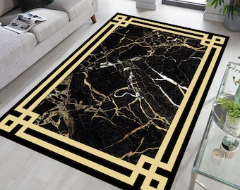 Black and Gold Marble Area Rug, Greek Key Border, Modern Medusa Carpet