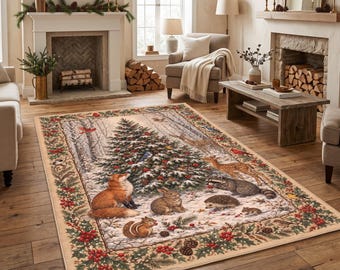 Woodland Christmas Rug, Forest Animals, Deer Fox, Winter Holiday Decor, Xmas Gift