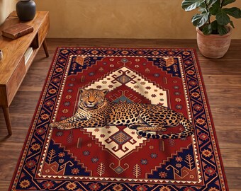 Leopard Rug, Vintage Oriental Carpet Design, Animal Print Hallway Rug, Boho Anatolian Kilim Decor