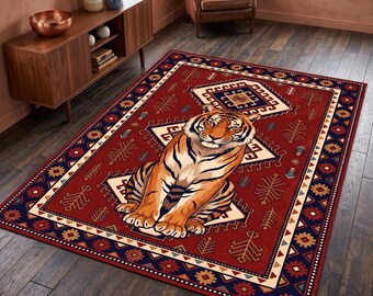 Tiger Rug, Vintage Oriental Carpet Design, Animal Print Hallway Rug, Boho Anatolian Kilim Decor