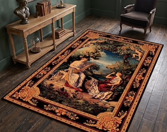 Vintage Tapestry Area Rug, Classical Garden Musicians Scene, French Baroque Border Carpet for Living Room Bedroom Elegant Decor Home