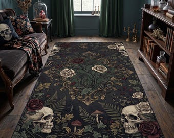 Tapis gothique à motif floral et crâne, fleurs violettes, décoration inspirée de l'univers de la sorcière