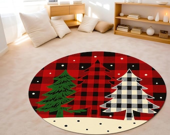Tapis rond de Noël, décoration des fêtes, tapis de Noël antidérapant lavable