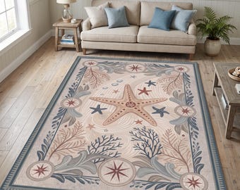 Coastal Starfish Rug, Nautical Area Rug, Beach House Decor, Vintage Ocean Rug, Sea Life Carpet, Coastal Home Decor, Aqua Blue Washable Rug