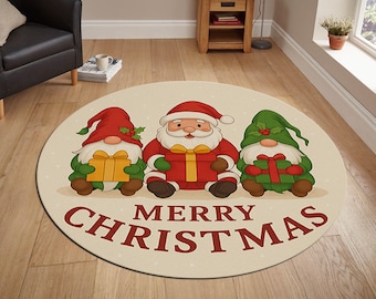 Tapis rond joyeux Noël, père Noël et gnomes, décoration des fêtes