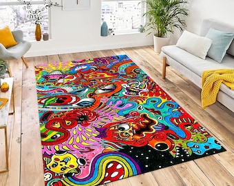 Colorful Trippy Design Area Rug, Cotton Polyester, Custom Rug