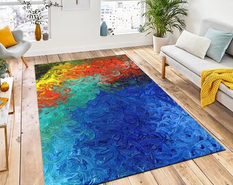 Abstract Watercolor Rainbow Rug, Non-Slip Cotton Base