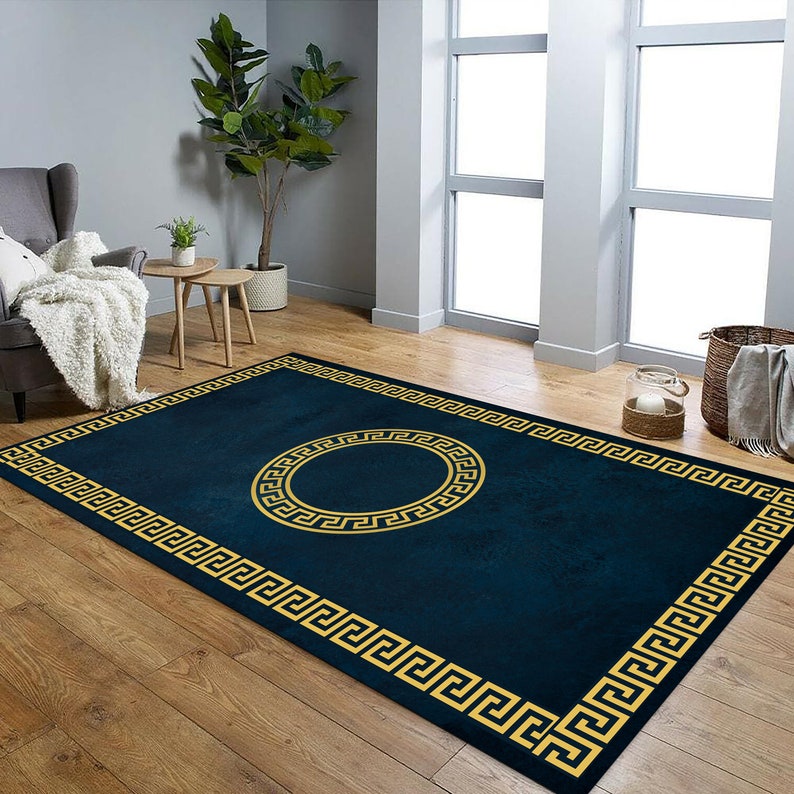 Blue and Gold Ancient Greek Wave Rug, Machine Washable Area Rug - Etsy