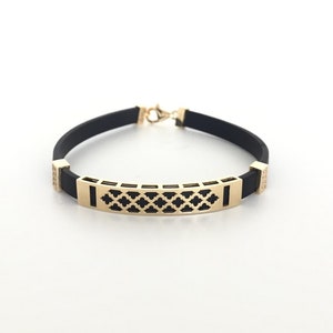 Men’s Gold Bracelet, 14K Solid Gold Bracelet for Men, Bracelet Leather, Anniversary Gift, Black Leather Bracelet