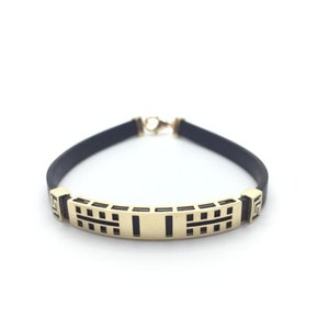 Men’s Gold Bracelet, 14K Solid Gold Bracelet for Men, Bracelet Leather, Anniversary Gift, Black Leather Bracelet