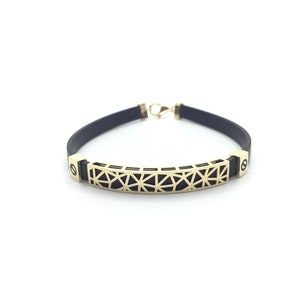 Men’s Gold Bracelet, 14K Solid Gold Bracelet for Men, Bracelet Leather, Anniversary Gift, Black Leather Bracelet