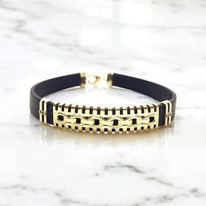 Men’s Gold Bracelet, 14K Solid Gold Bracelet for Men, Bracelet Leather, Anniversary Gift, Black Leather Bracelet, Gold Rubber Bracelet,