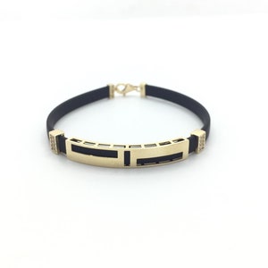 Men’s Gold Bracelet, 14K Solid Gold Bracelet for Men, Bracelet Leather, Anniversary Gift, Black Leather Bracelet