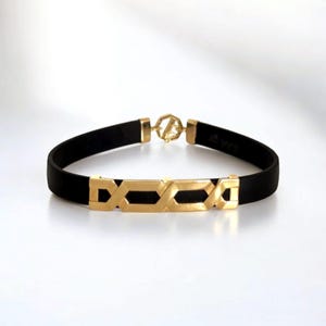 Men’s Gold Bracelet, 14K Solid Gold Bracelet for Men, Bracelet Leather, Anniversary Gift, Black Leather Bracelet