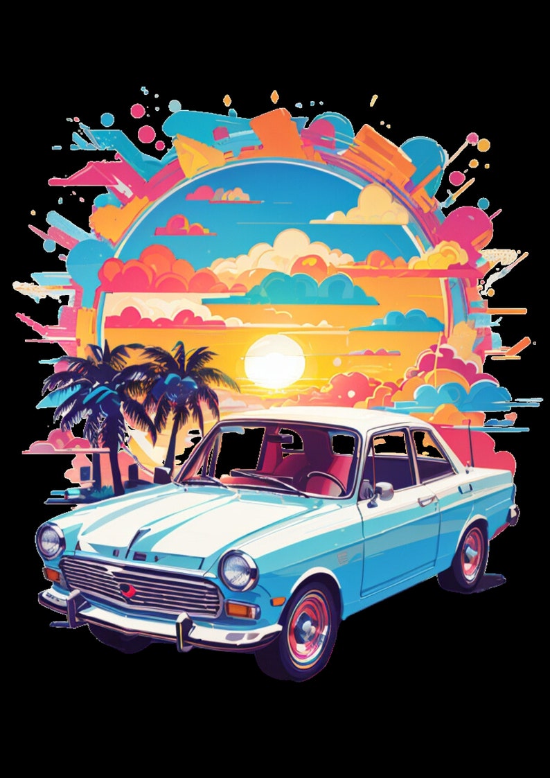 May include: A blue vintage car with a white stripe on the hood, parked in front of a sunset scene with palm trees. The sunset is depicted in a colorful, abstract style.