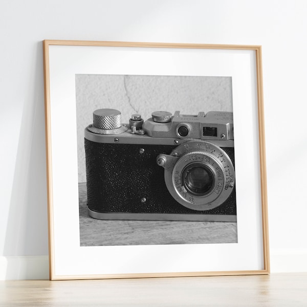 Black and White Vintage Film Camera Photography Print, Downloadable Wall Art, Square Printable Wall Art, Retro Camera Poster, Leica Print