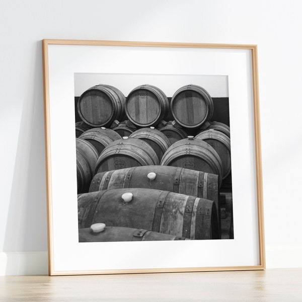 Black and White Winery Photo, Wine Barrels in Cellar Photo Wall Art, Digital Download, Square Art Print, Wine Lover Photo, Instant Download