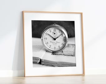 Vintage Alarm Clock Photo Print: Black and White Photography (Digital Download)