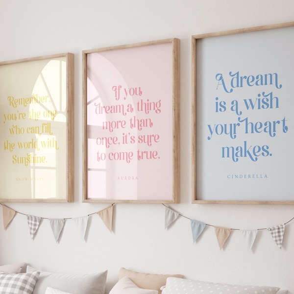 Disney Princess Quote Set of 3 Prints, Snow White Aurora Cinderella Nursery Wall Art, Disney Nursery Wall Art, Princess Print, Girl Room Art