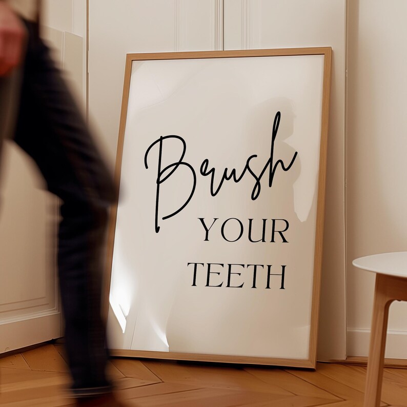 Tooth In Script Brush Your Teeth Printable, Bathroom Wall Art, Bathroom Print, Bathroom ...