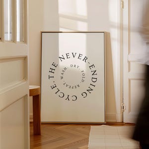 Könnte beinhalten: Ein rechteckiger Kunstdruck mit weißem Hintergrund und schwarzem Text. Der Text lautet "THE NEVER-ENDING CYCLE" in einem kreisförmigen Muster, mit den Worten "WASH, DRY, FOLD, REPEAT" darin. Der Rahmen ist hellbraun.