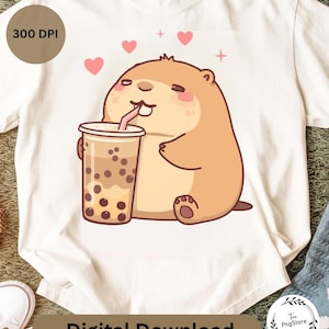 Kawaii Capybara Bubble Tea T-Shirt PNG: Anime Style Design (Digital Download