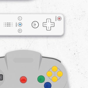 May include: A white Nintendo Wii remote with a red power button and a white Nintendo 64 controller with coloured buttons.